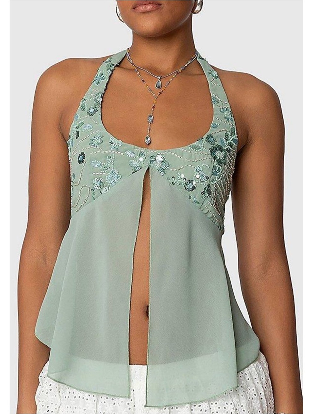 Edikted Floral Sequin Split Chiffon Halter Top size small